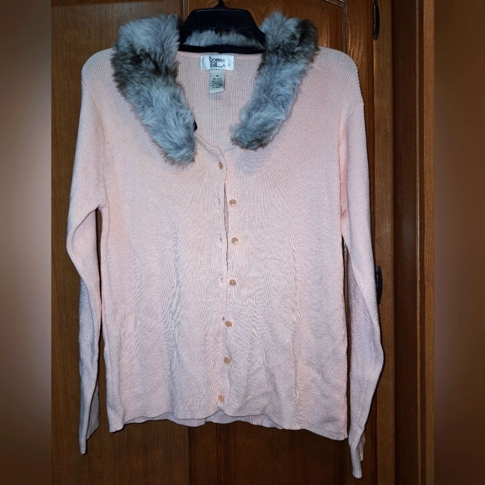 A Bonnie and Bill by Holly pink cardigan sweater with removable fur collar